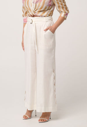 ONCE WAS Petite Kayla Stretch Linen Viscose Embroidery Pant - Ivory PANTS - Zabecca Living