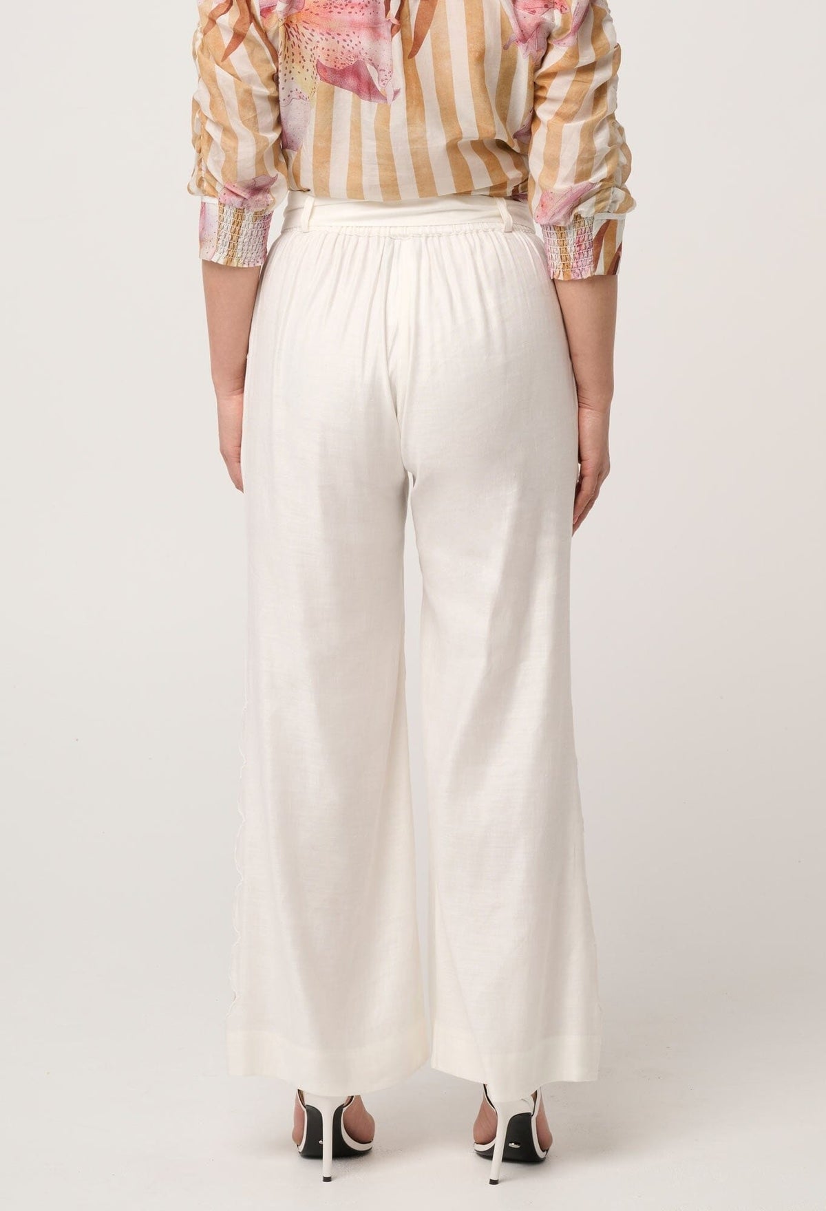 ONCE WAS Petite Kayla Stretch Linen Viscose Embroidery Pant - Ivory PANTS - Zabecca Living