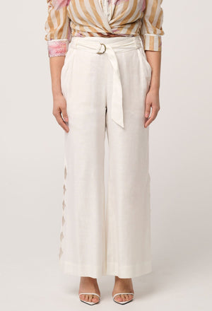 ONCE WAS Petite Kayla Stretch Linen Viscose Embroidery Pant - Ivory PANTS - Zabecca Living