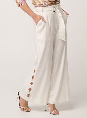 ONCE WAS Petite Kayla Stretch Linen Viscose Embroidery Pant - Ivory PANTS - Zabecca Living