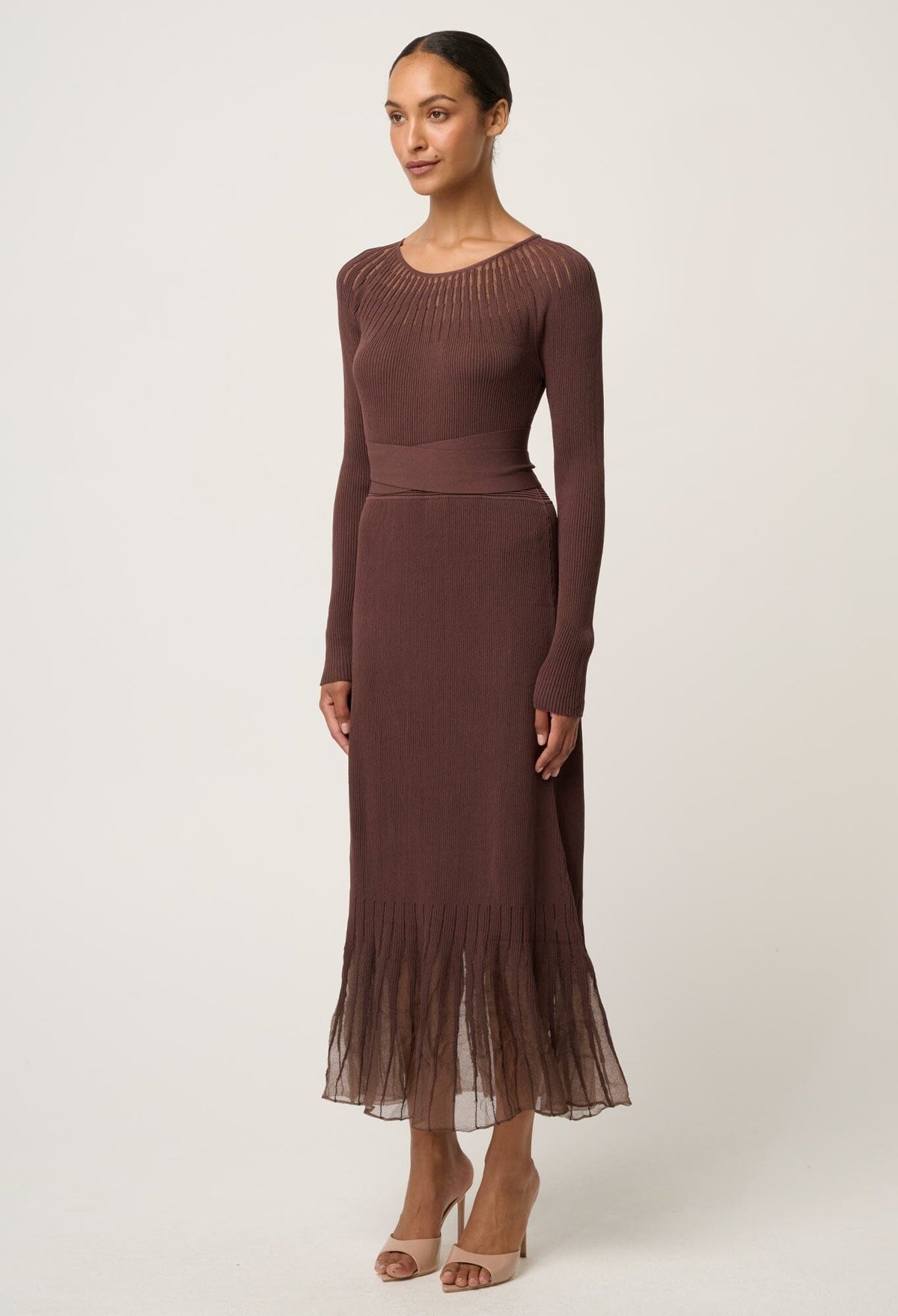 ONCE WAS Rhiannon Viscose Nylon Sheer Neckline Knit Dress - Mocha DRESS - Zabecca Living