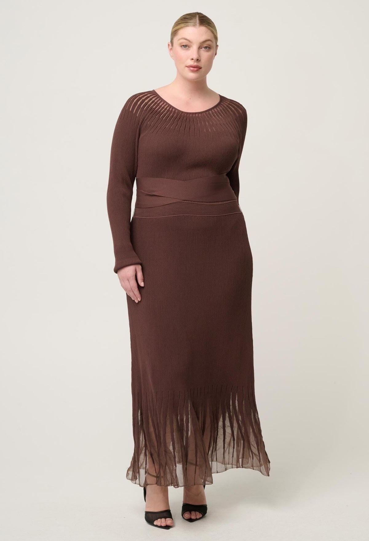ONCE WAS Rhiannon Viscose Nylon Sheer Neckline Knit Dress - Mocha DRESS - Zabecca Living