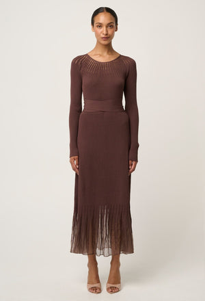 ONCE WAS Rhiannon Viscose Nylon Sheer Neckline Knit Dress - Mocha DRESS - Zabecca Living