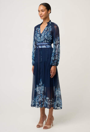 ONCE WAS Sloane Viscose Chiffon Print Midi Dress - Moonlit Batik Dress - Zabecca Living