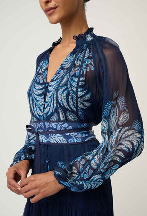 ONCE WAS Sloane Viscose Chiffon Print Midi Dress - Moonlit Batik Dress - Zabecca Living