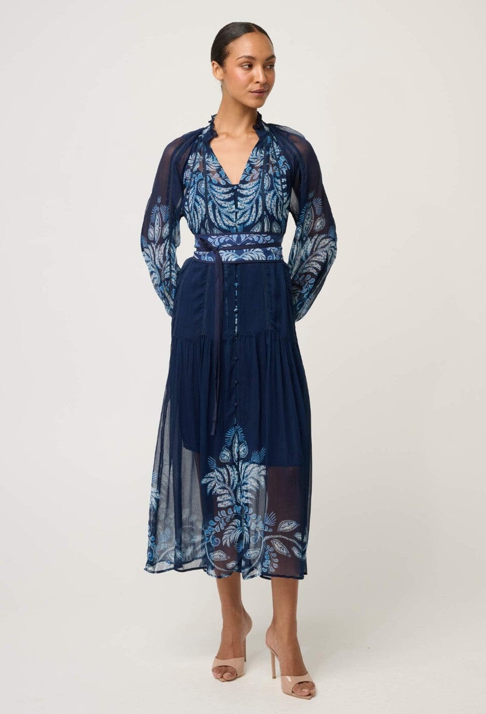 ONCE WAS Sloane Viscose Chiffon Print Midi Dress - Moonlit Batik Dress - Zabecca Living