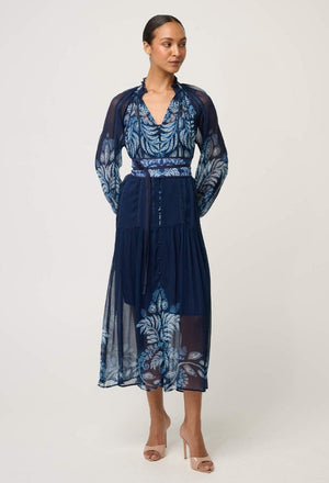 ONCE WAS Sloane Viscose Chiffon Print Midi Dress - Moonlit Batik Dress - Zabecca Living