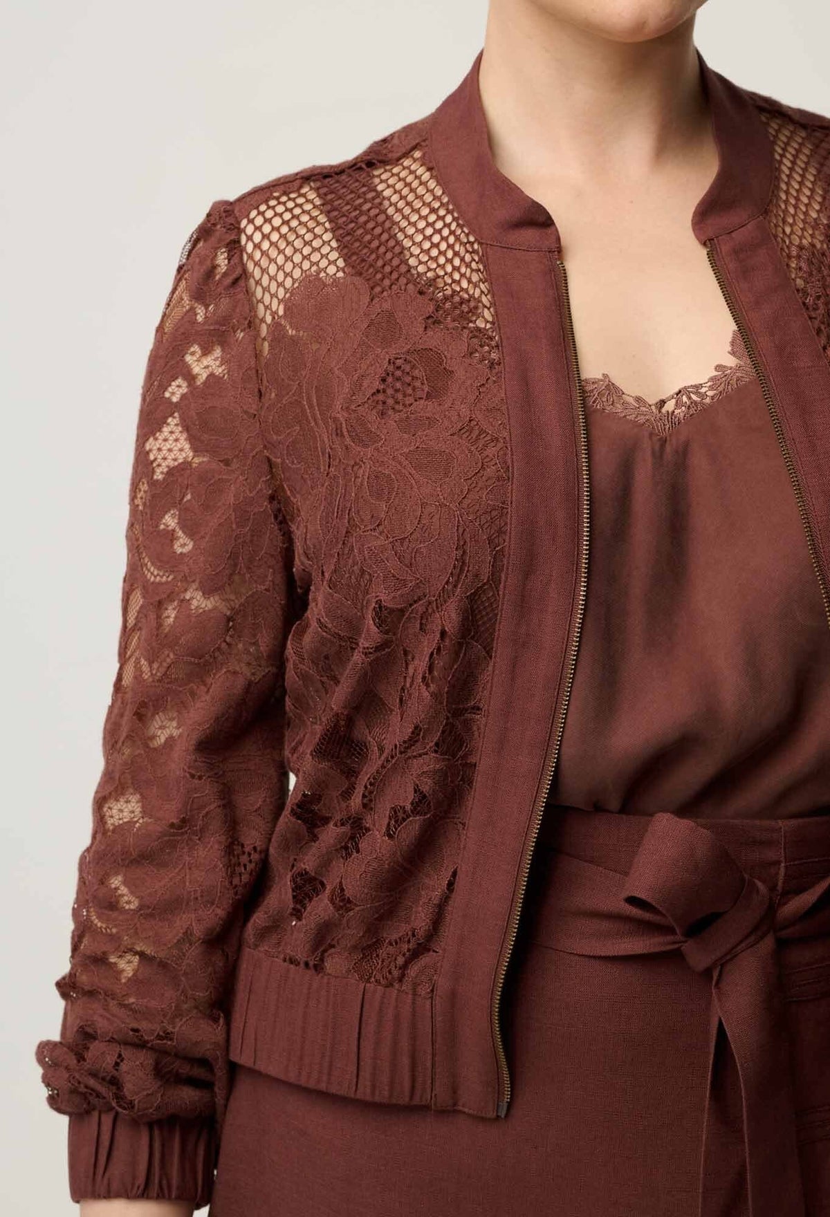 ONCE WAS Solene Cotton Blend Placement Lace Bomber - Rosewood Jacket - Zabecca Living