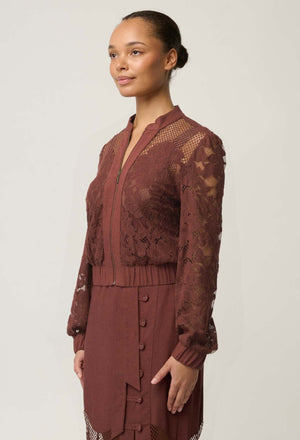 ONCE WAS Solene Cotton Blend Placement Lace Bomber - Rosewood Jacket - Zabecca Living
