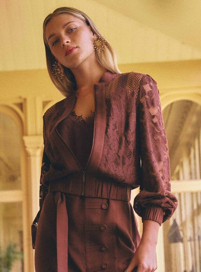ONCE WAS Solene Cotton Blend Placement Lace Bomber - Rosewood Jacket - Zabecca Living