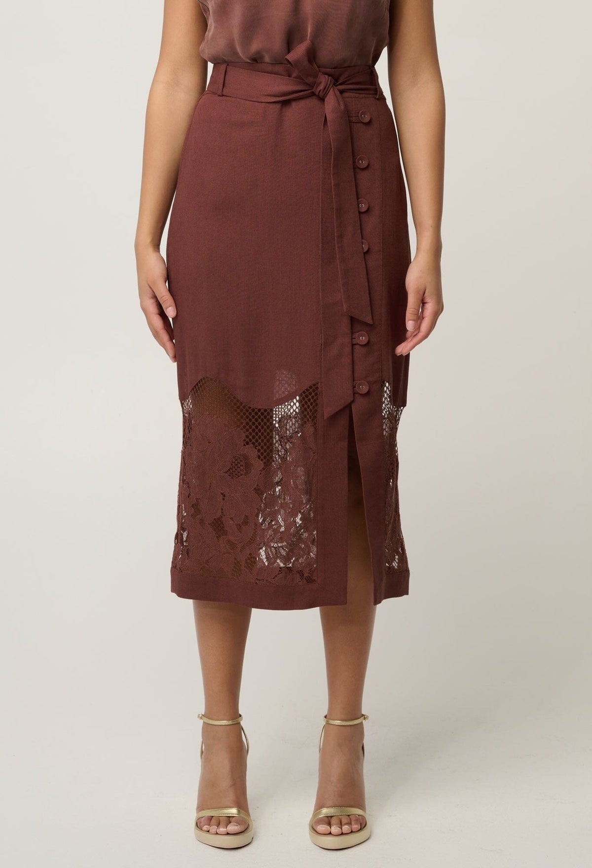 ONCE WAS Solene Linen Viscose Placement Lace Midi Skirt - Rosewood Skirt - Zabecca Living