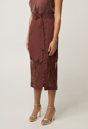 ONCE WAS Solene Linen Viscose Placement Lace Midi Skirt - Rosewood Skirt - Zabecca Living