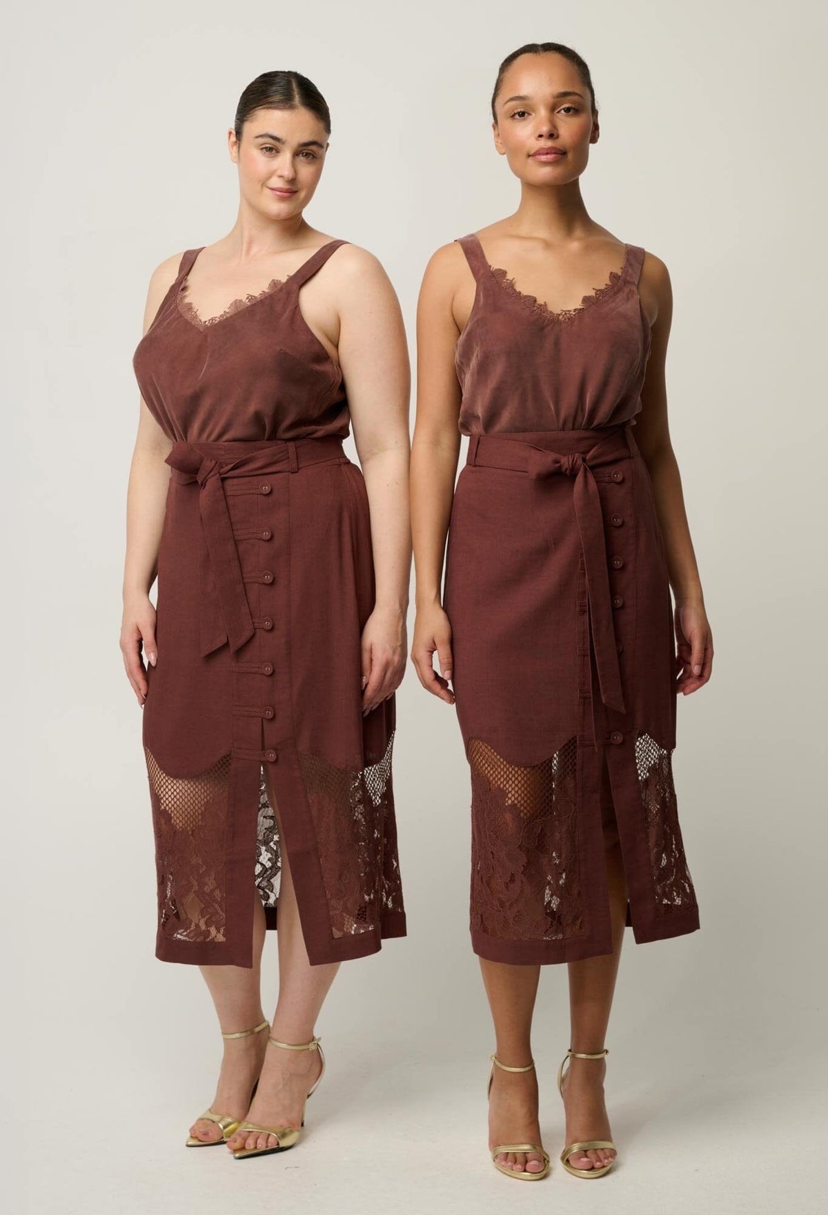 ONCE WAS Solene Linen Viscose Placement Lace Midi Skirt - Rosewood Skirt - Zabecca Living