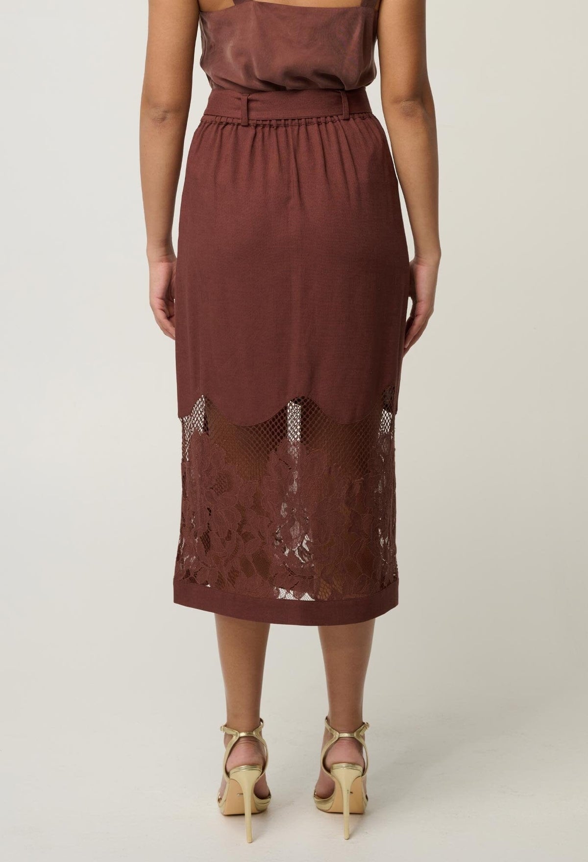 ONCE WAS Solene Linen Viscose Placement Lace Midi Skirt - Rosewood Skirt - Zabecca Living