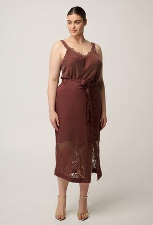 ONCE WAS Solene Linen Viscose Placement Lace Midi Skirt - Rosewood Skirt - Zabecca Living
