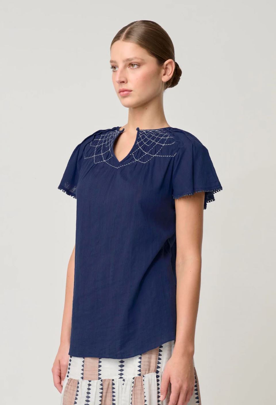 ONCE WAS St Lucia Cotton Self Stripe Smocked Top - Ink Shirts & Blouses - Zabecca Living