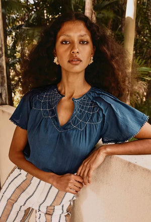 ONCE WAS St Lucia Cotton Self Stripe Smocked Top - Ink Shirts & Blouses - Zabecca Living