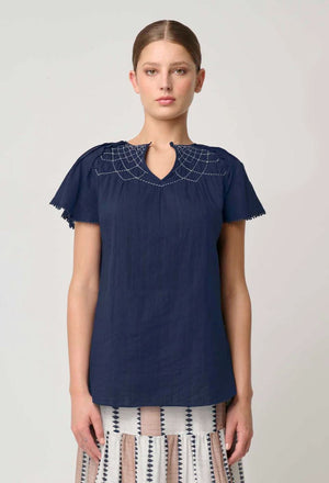 ONCE WAS St Lucia Cotton Self Stripe Smocked Top - Ink Shirts & Blouses - Zabecca Living