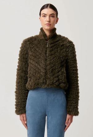 ONCE WAS Sybil Chevron Faux Fur Bomber Jacket - Moss Jacket - Zabecca Living