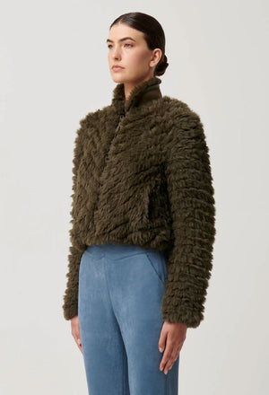 ONCE WAS Sybil Chevron Faux Fur Bomber Jacket - Moss Jacket - Zabecca Living