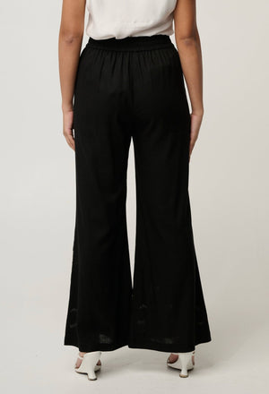 ONCE WAS Willow Linen Viscose Embroidery Detail Pant - Black PANTS - Zabecca Living