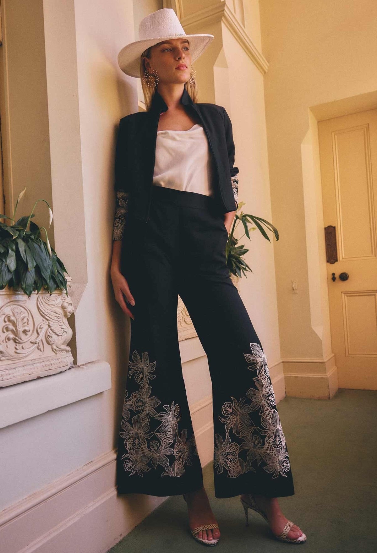 ONCE WAS Willow Linen Viscose Embroidery Detail Pant - Black PANTS - Zabecca Living
