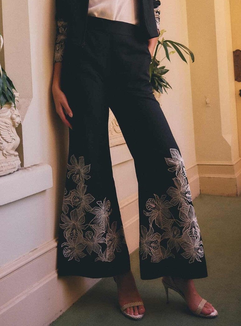 ONCE WAS Willow Linen Viscose Embroidery Detail Pant - Black PANTS - Zabecca Living