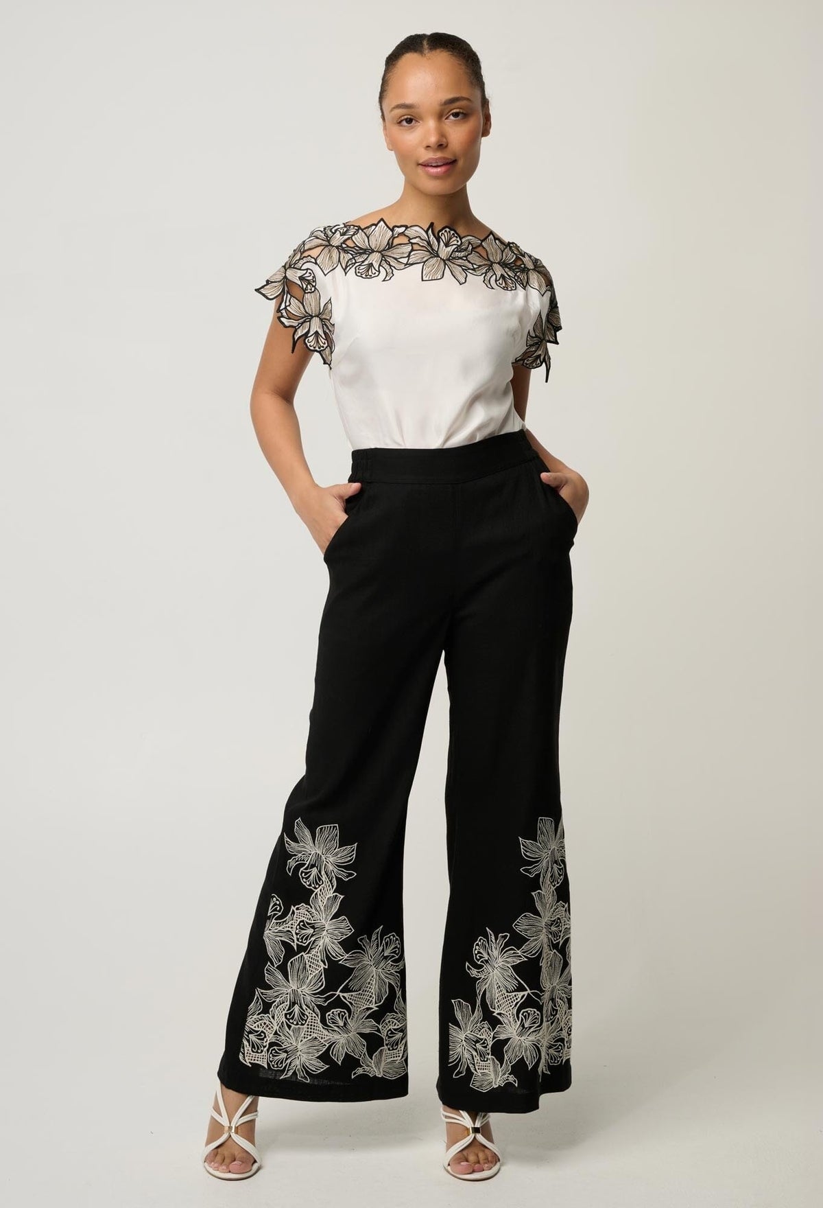 ONCE WAS Willow Linen Viscose Embroidery Detail Pant - Black PANTS - Zabecca Living