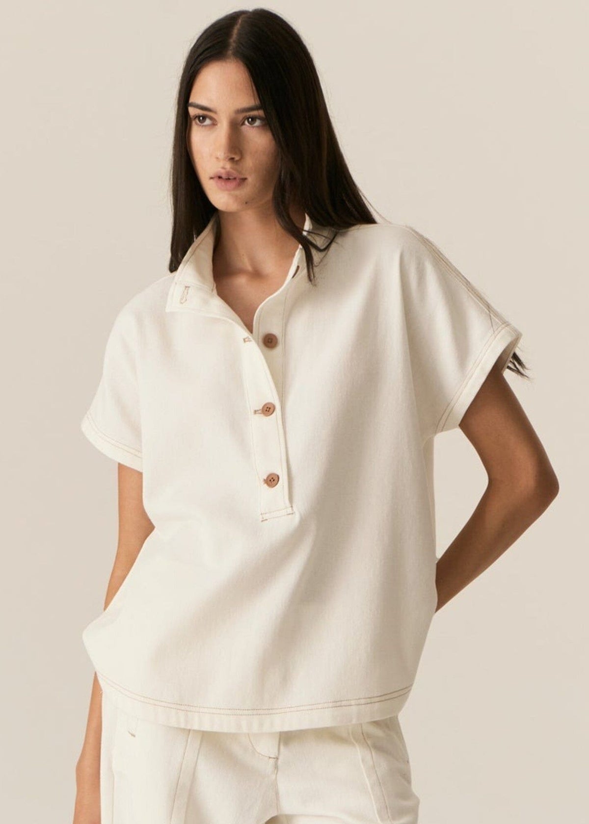 POL Carsen Denim Shirt - Ecru Shirts & Blouses - Zabecca Living