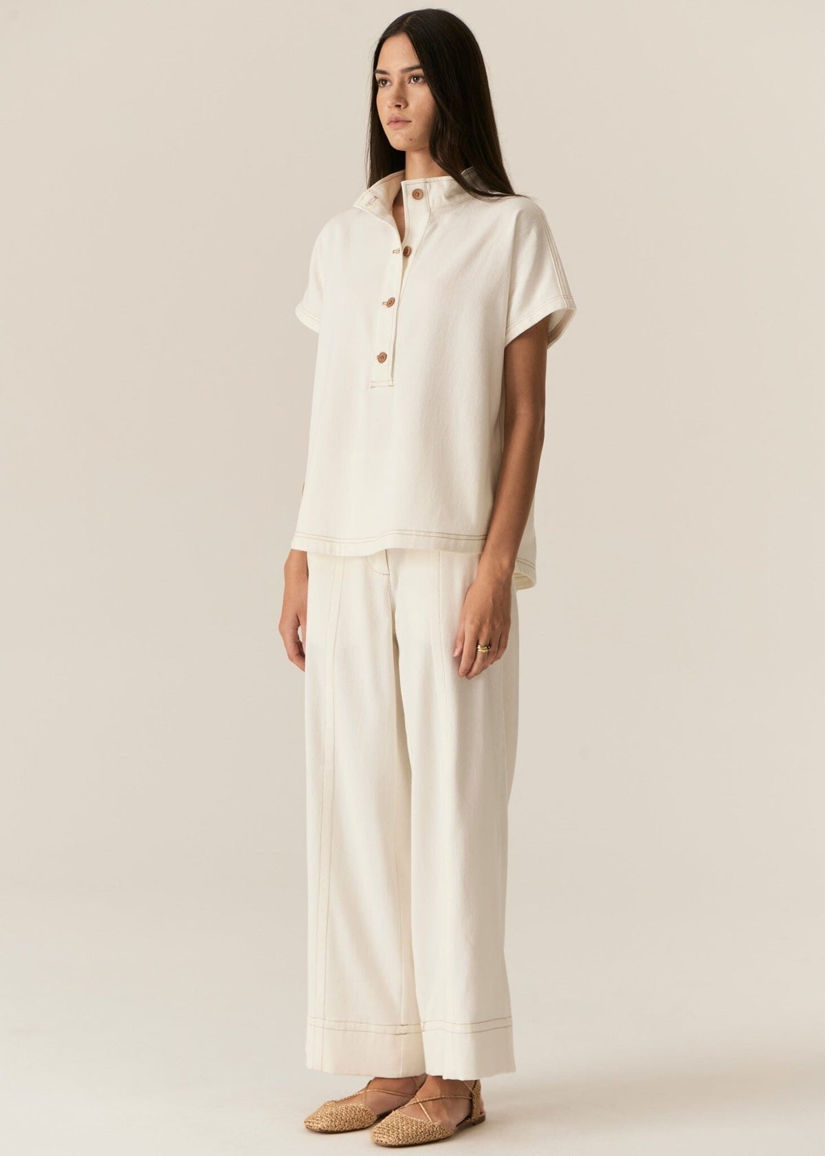 POL Carsen Denim Shirt - Ecru Shirts & Blouses - Zabecca Living