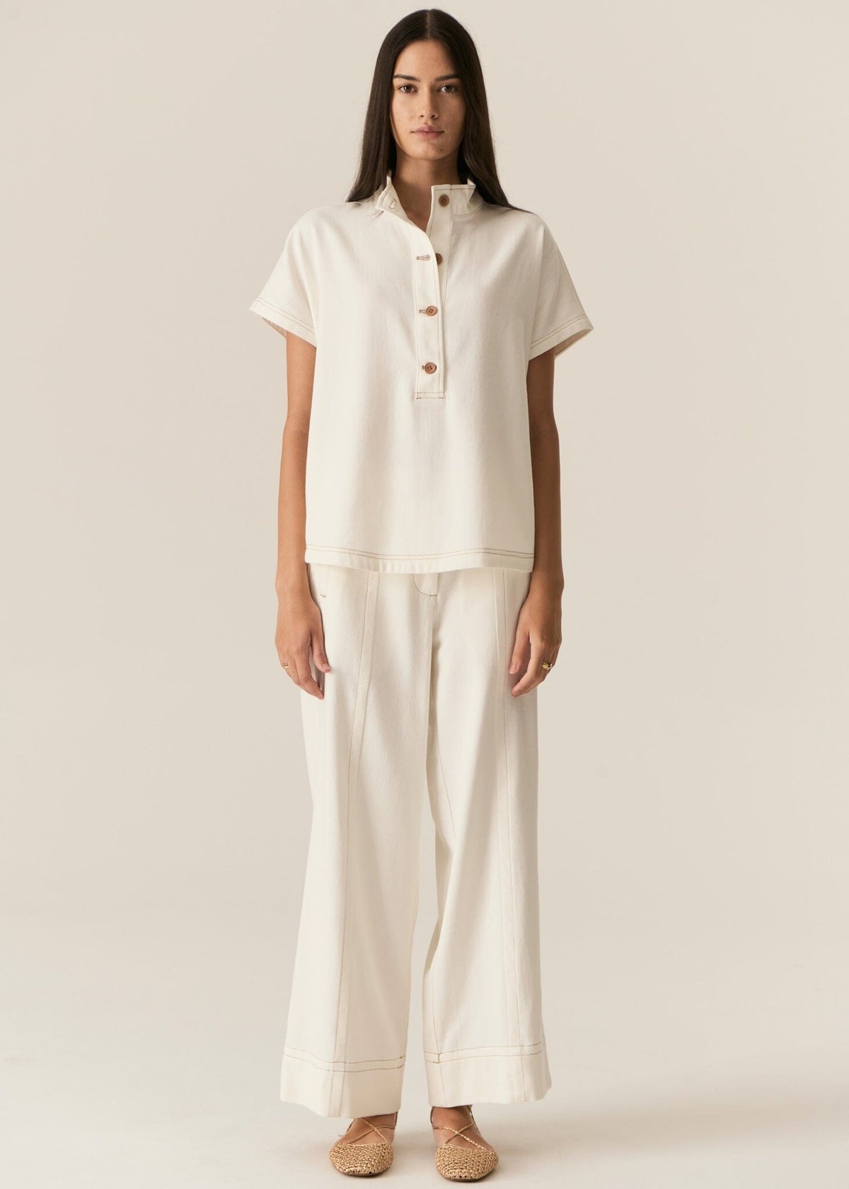 POL Carsen Denim Shirt - Ecru Shirts & Blouses - Zabecca Living