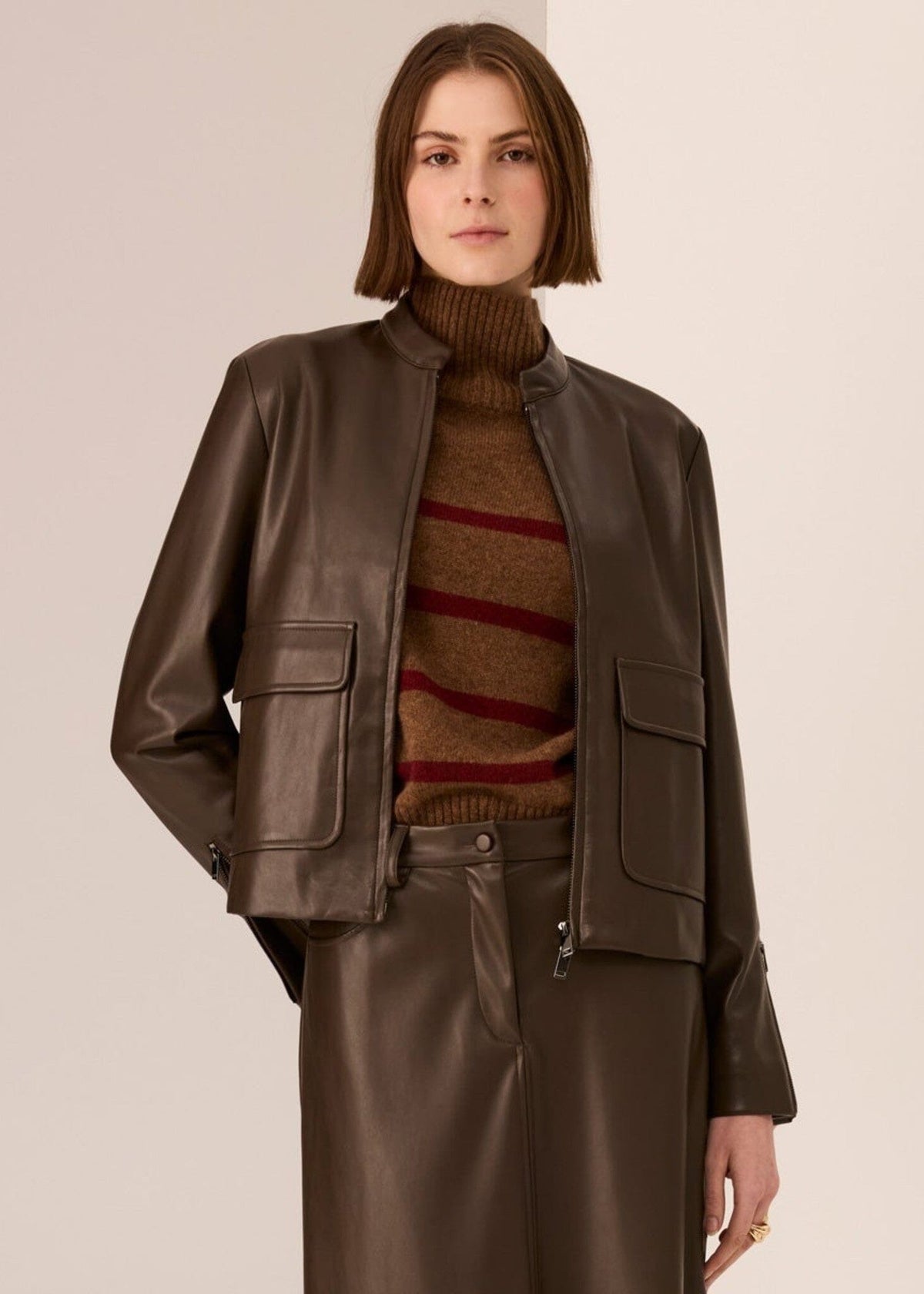 POL Hugo Zip Crop Jacket - Chocolate Jackets - Zabecca Living