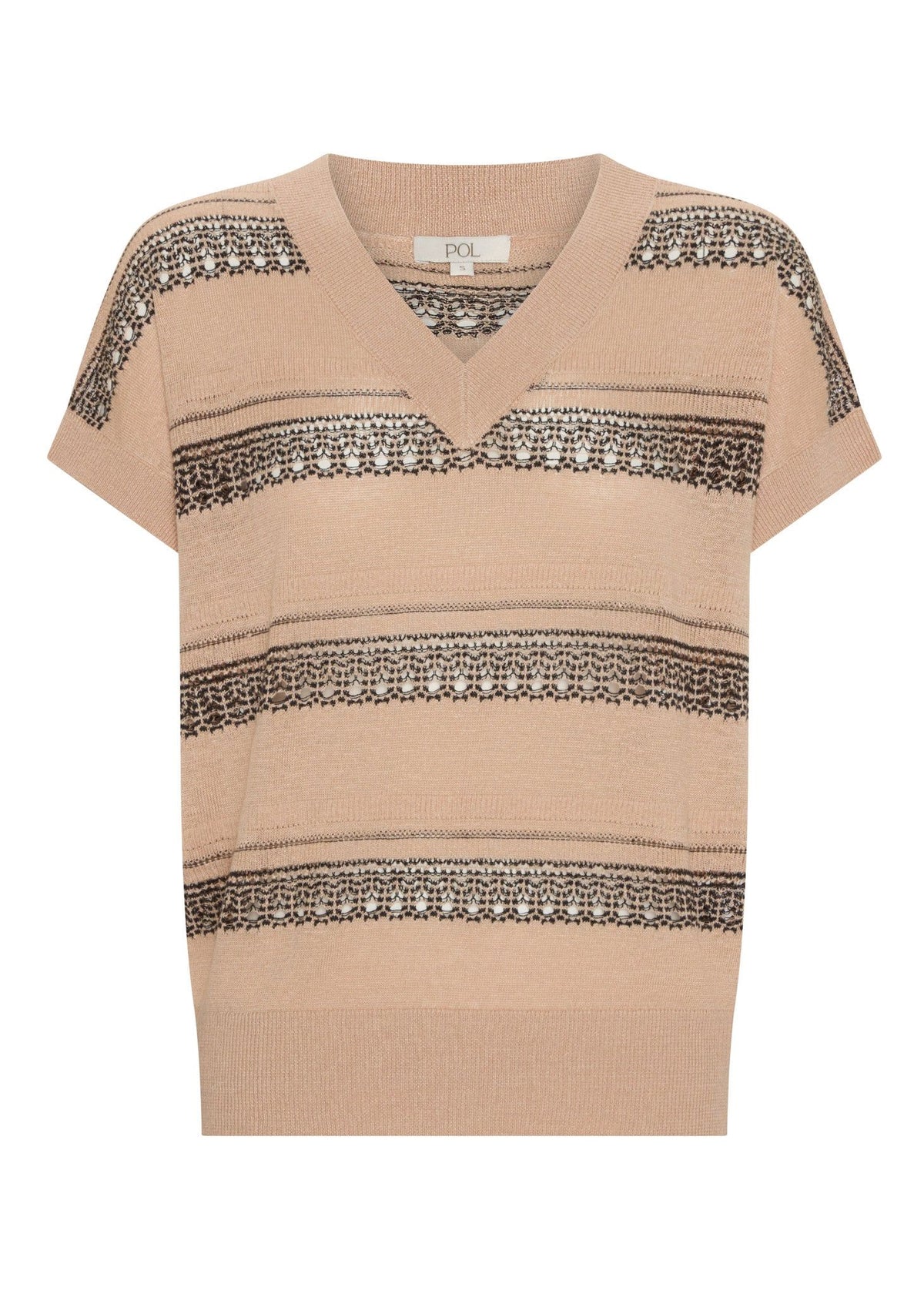 POL Liana V-neck Pointelle Knit Pink/Black Jumpers + Knitwear - Zabecca Living