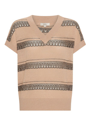 POL Liana V-neck Pointelle Knit Pink/Black Jumpers + Knitwear - Zabecca Living