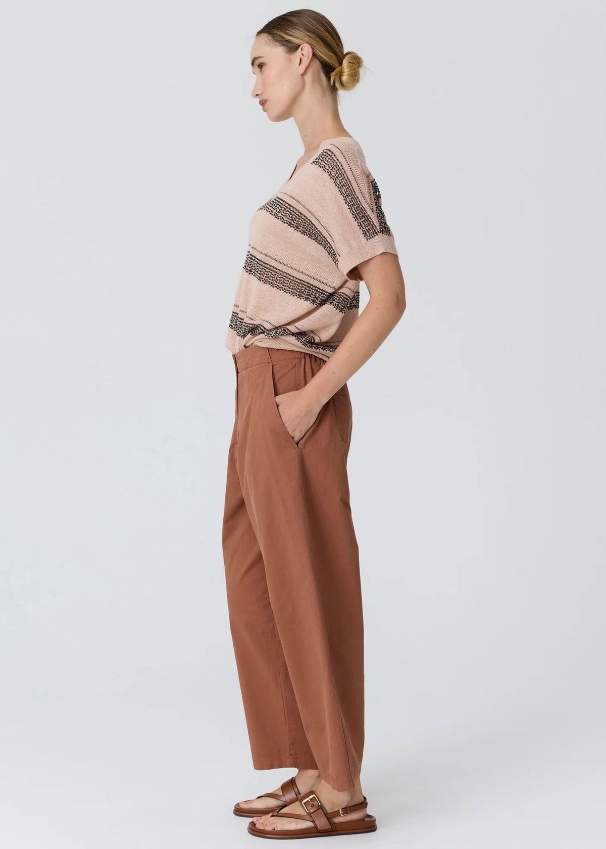 POL Liana V-neck Pointelle Knit Pink/Black Jumpers + Knitwear - Zabecca Living