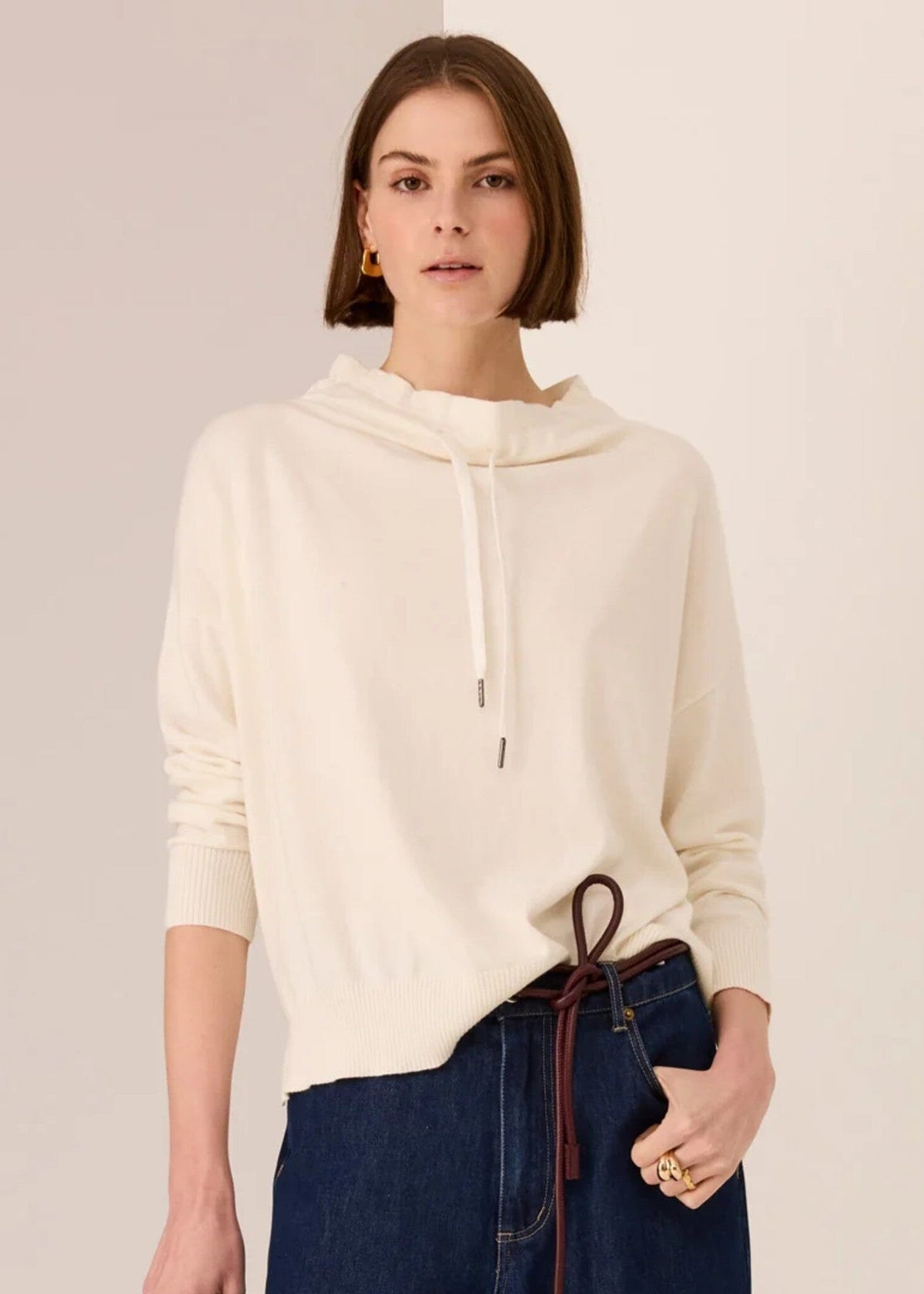 POL Rowan Drawcord Knit - Ivory Jumpers + Knitwear - Zabecca Living