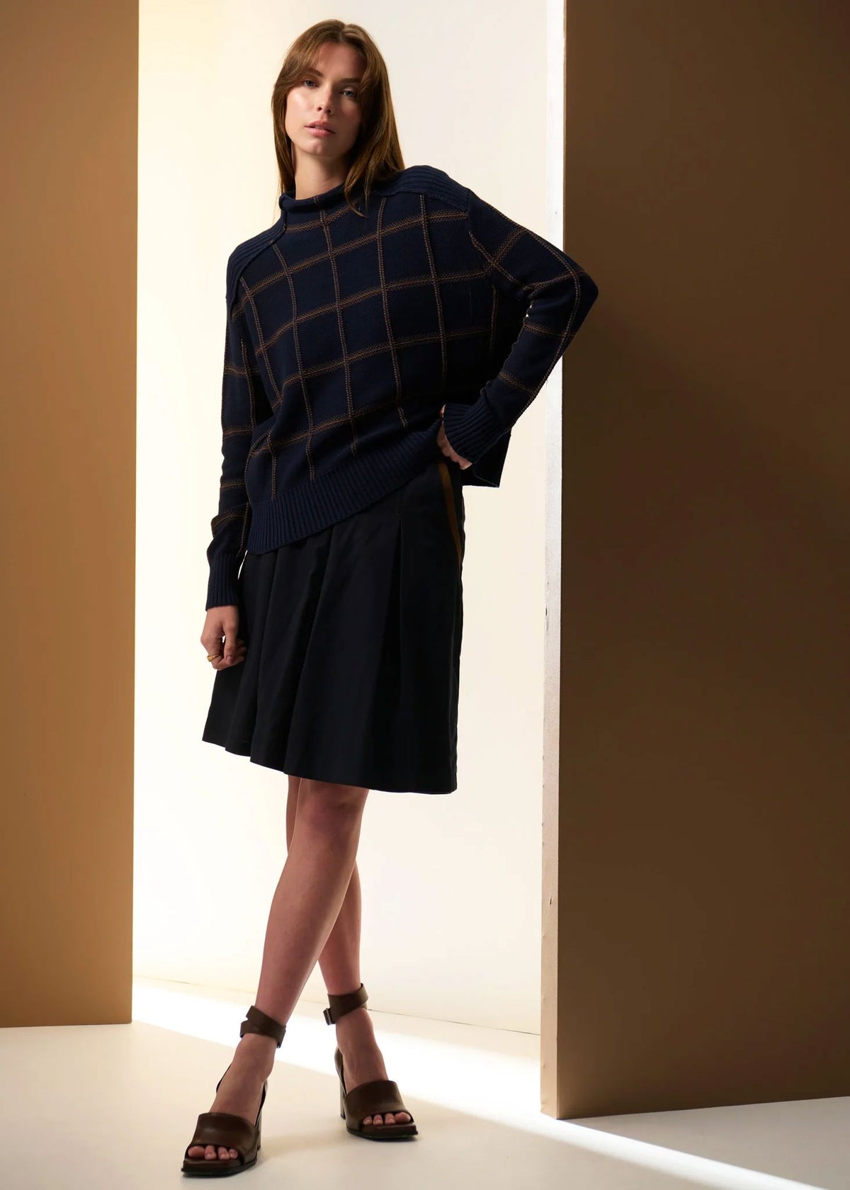 POL Sable Check Funnel Neck Knit - Ink/Choc Jumpers + Knitwear - Zabecca Living