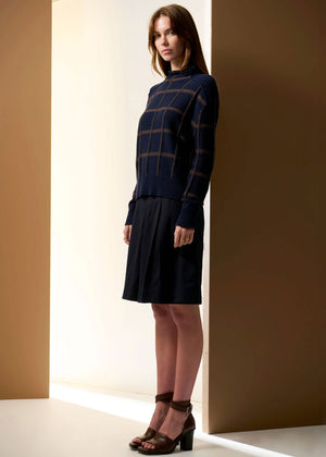 POL Sable Check Funnel Neck Knit - Ink/Choc Jumpers + Knitwear - Zabecca Living