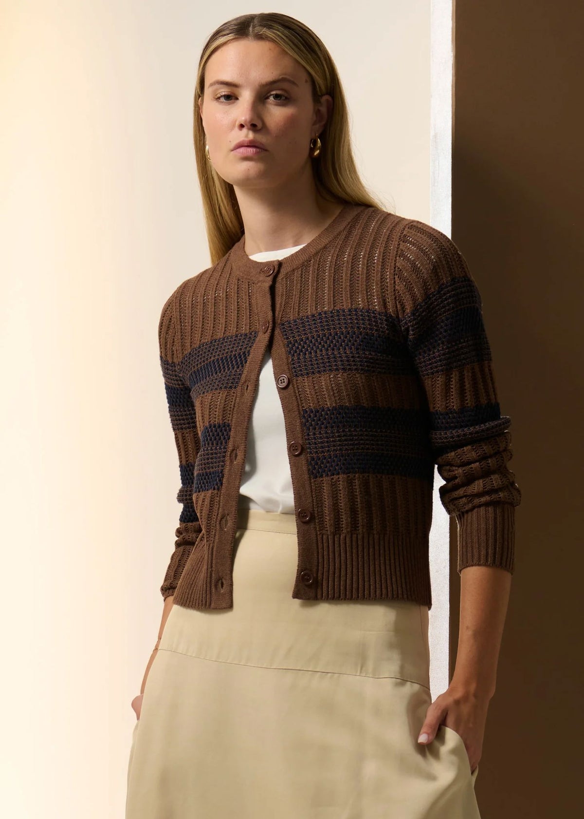 POL Sable Striped Cardigan - Choc/Ink Jumpers + Knitwear - Zabecca Living