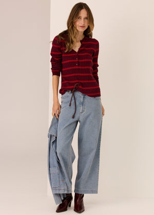 POL Tate Henley Knit - Merlot/Red Jumpers + Knitwear - Zabecca Living