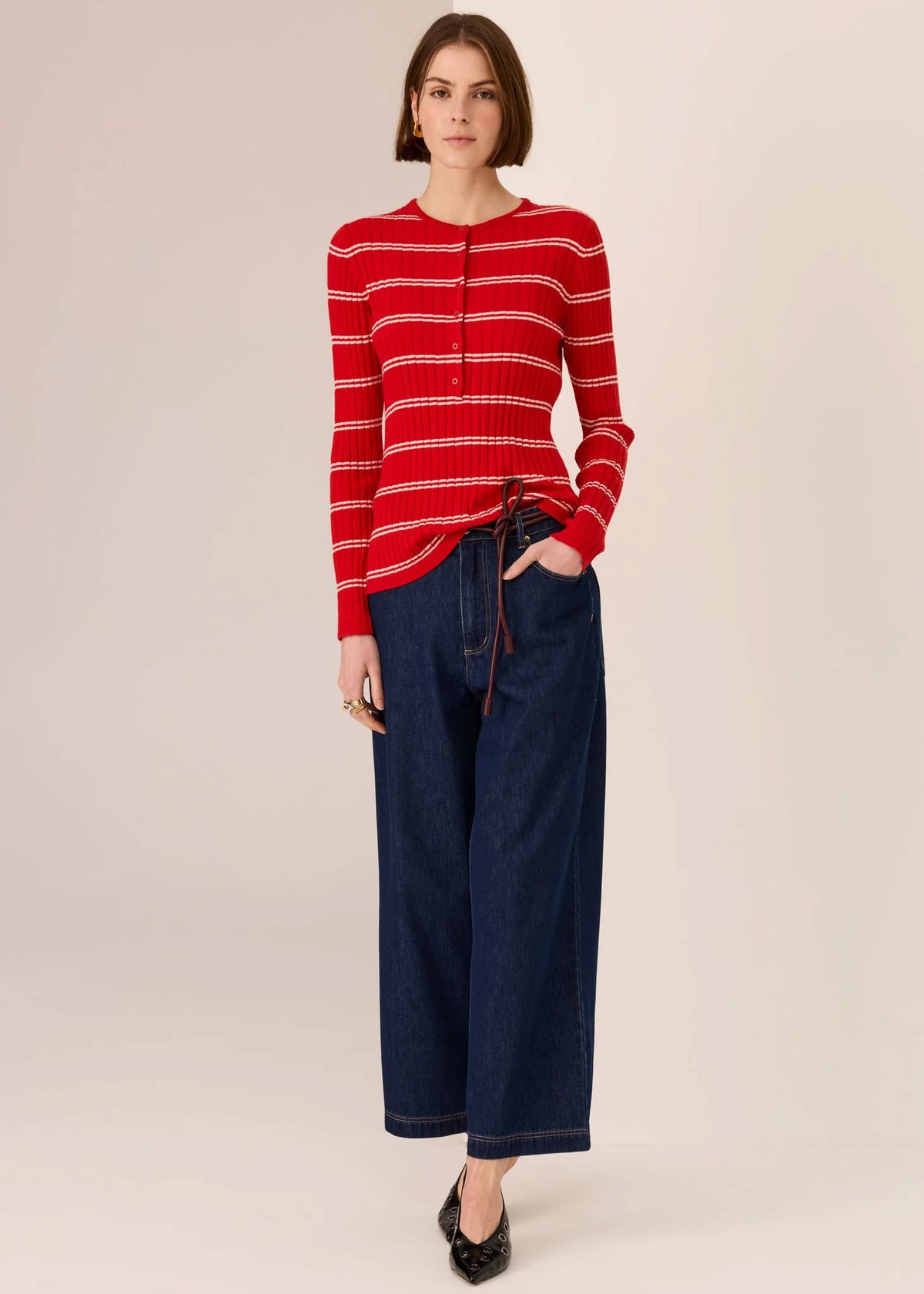 POL Tate Henley Knit - Red/White Jumpers + Knitwear - Zabecca Living