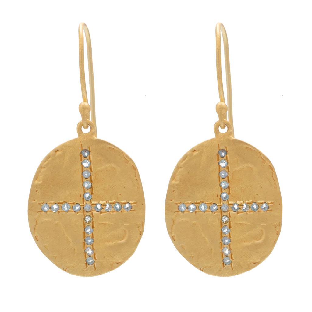 RUBYTEVA Blue Topaz Oval Cross Earrings - Gold Plate Earrings - Zabecca Living