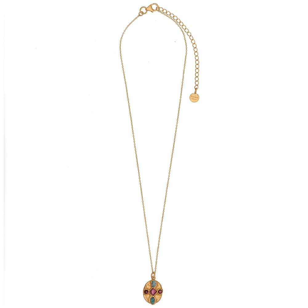 RUBYTEVA Garnet and Turquoise Kundan Oval Pendant Necklace - Gold Plate Necklace - Zabecca Living