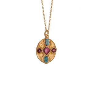 RUBYTEVA Garnet and Turquoise Kundan Oval Pendant Necklace - Gold Plate Necklace - Zabecca Living