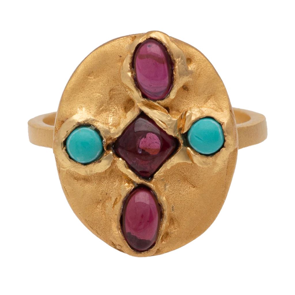 RUBYTEVA Garnet and Turquoise Kundan Oval Ring - Gold Plate Ring - Zabecca Living