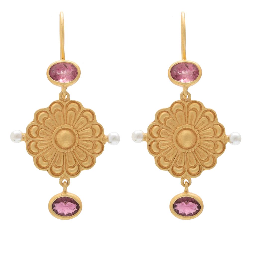 RUBYTEVA Pink Tourmaline and Pearl Berber Earrings - Gold Plate Earrings - Zabecca Living