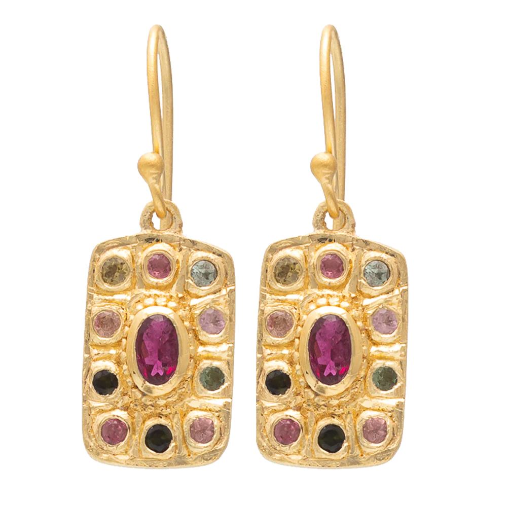 RUBYTEVA Pink Tourmaline Rectangle Medina Earrings - Gold Plated Earrings - Zabecca Living