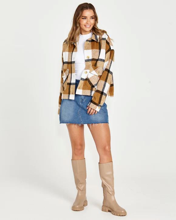 SASS Augusta Cropped Shacket - Tan Cream Check Winter Jacket - Zabecca Living