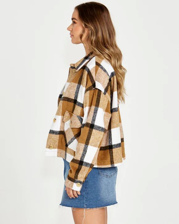 SASS Augusta Cropped Shacket - Tan Cream Check Winter Jacket - Zabecca Living