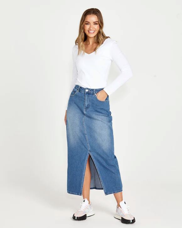 SASS Emerald Denim Maxi Skirt - 80 Wash Blue Skirt - Zabecca Living